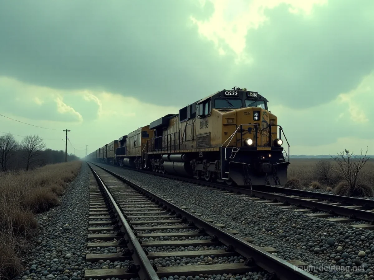 Eine kaputte Eisenbahn auf einem verlassenen Gleis in einer unwirtlichen Landschaft.