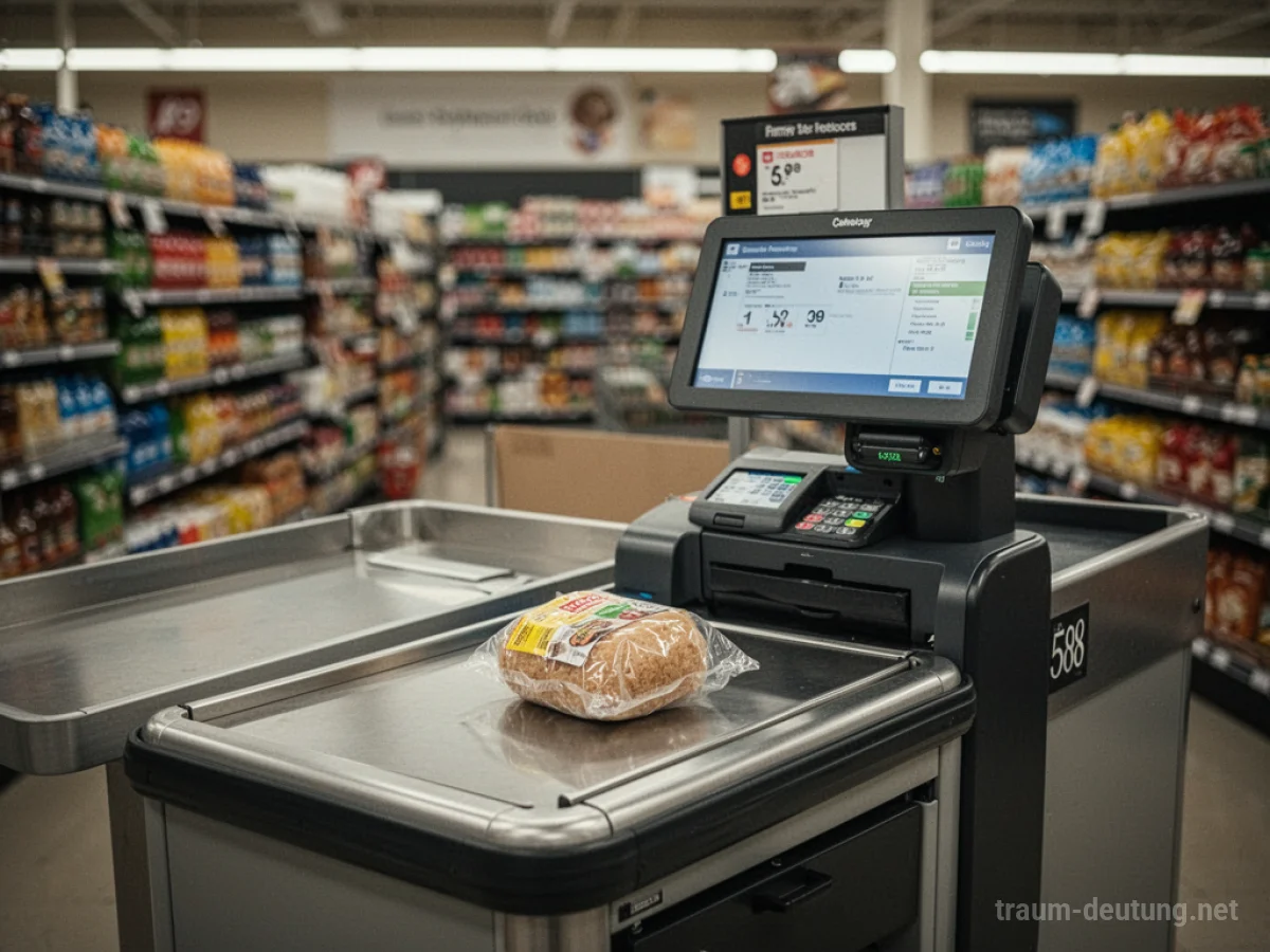 Leere Selbstbedienungskasse im Supermarkt mit einem Produkt auf dem Scanner.