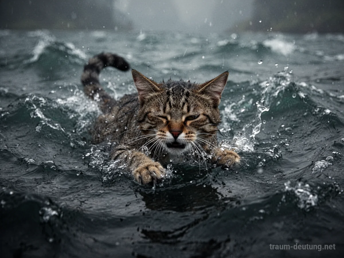 Eine Katze kämpft in aufgewühltem Wasser um ihr Überleben