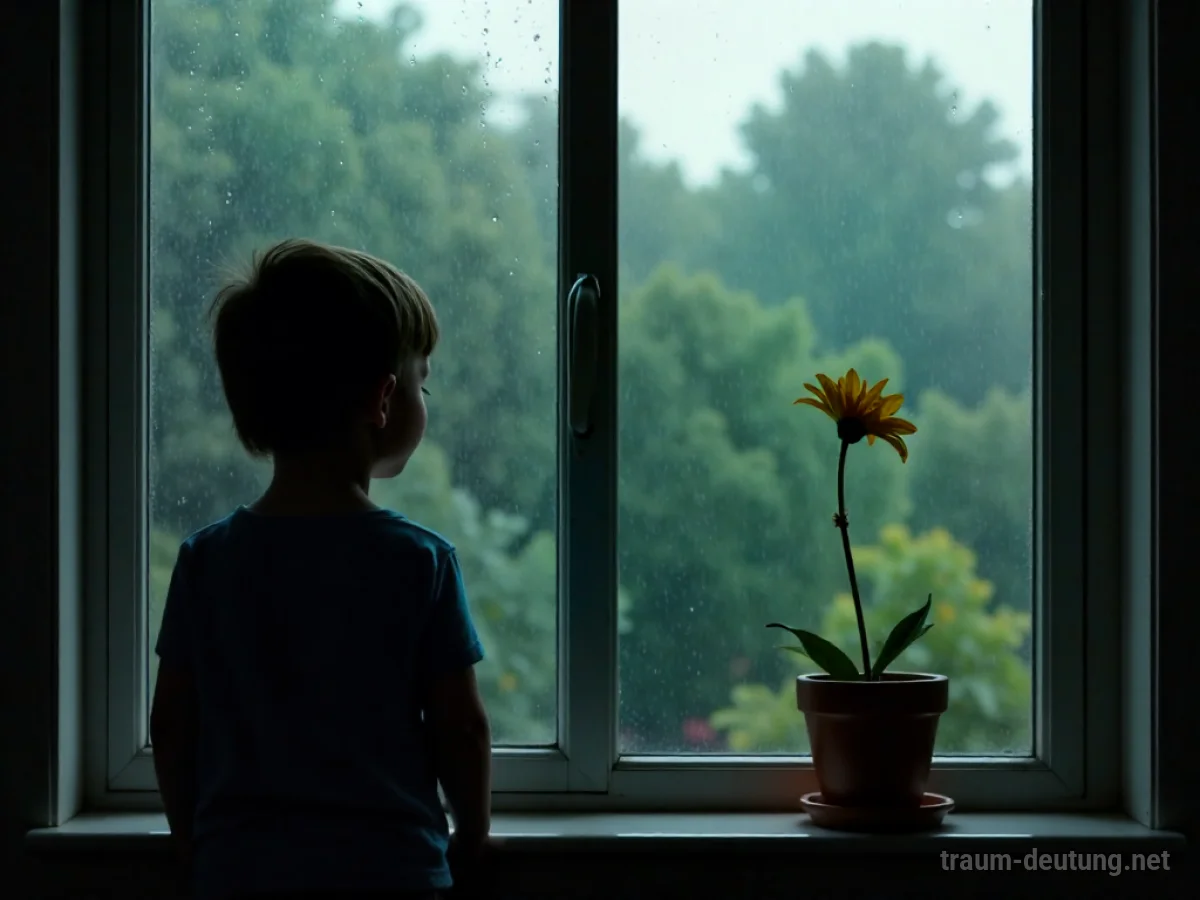 Silhouette eines Kindes am Fenster, das nach draußen blickt, während Regentropfen die Scheibe herunterlaufen.