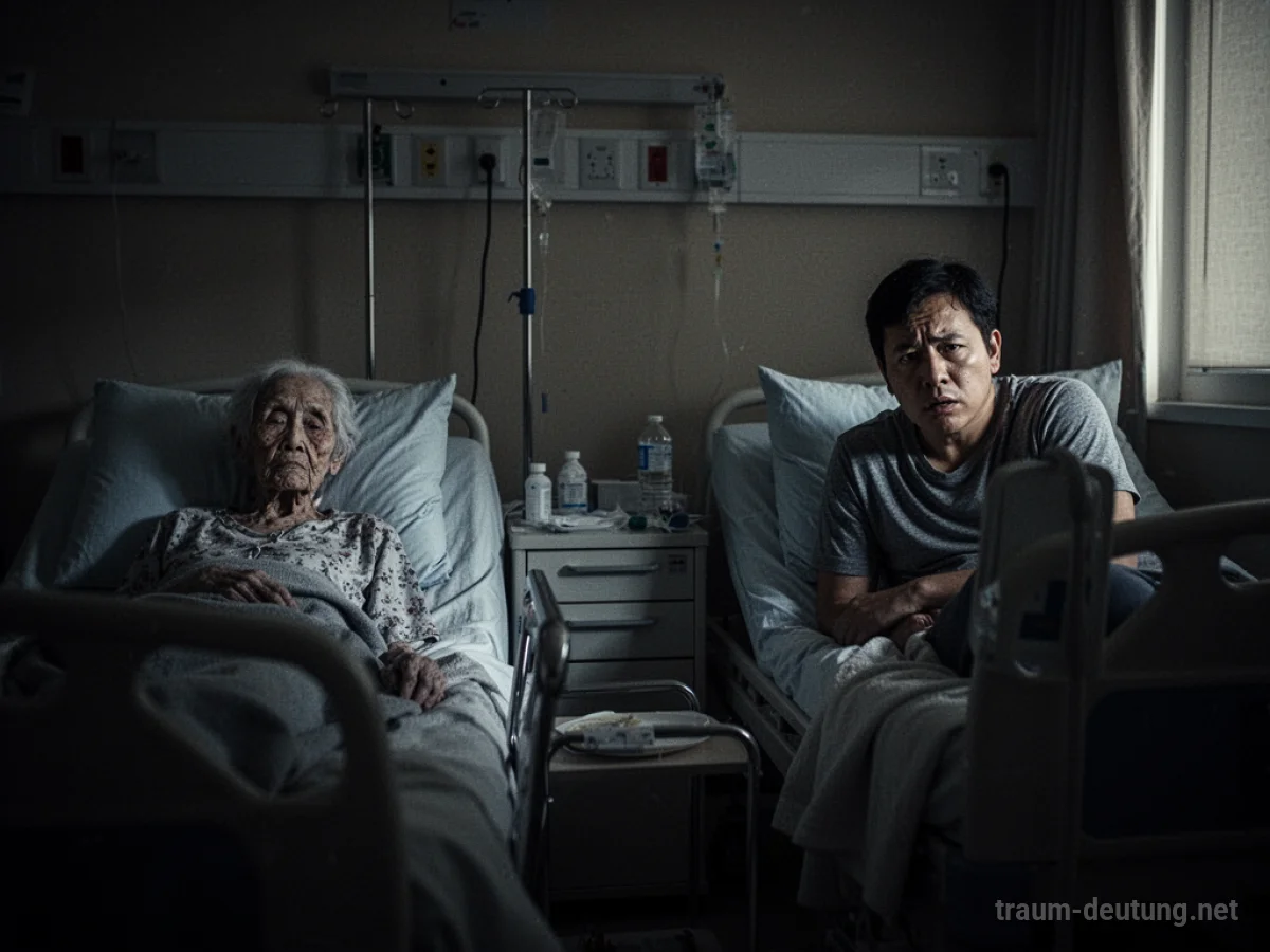 Zwei schattenhafte Gestalten im Krankenhausbett, eine wirkt schwach.