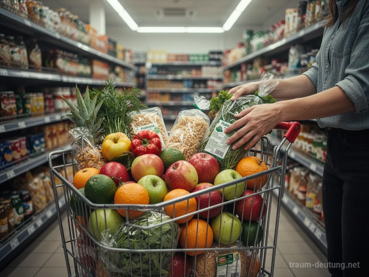Hände legen Lebensmittel in einen Einkaufswagen im Supermarkt.