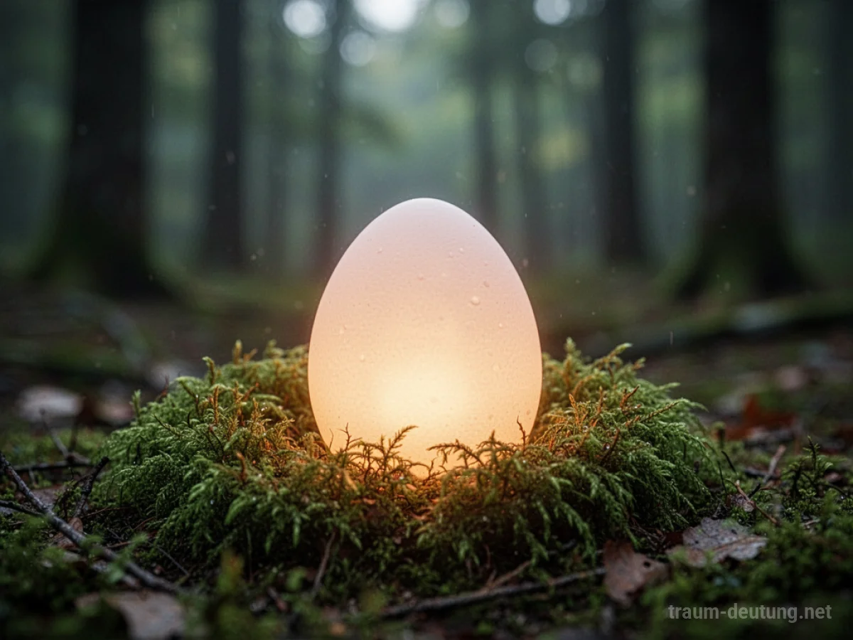 Ein leuchtendes Ei liegt im Moos und strahlt sanftes Licht aus.