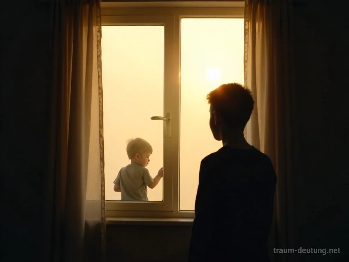 Silhouette einer Person, die durch ein Fenster in einen Raum blickt, in dem ein Kind spielt.