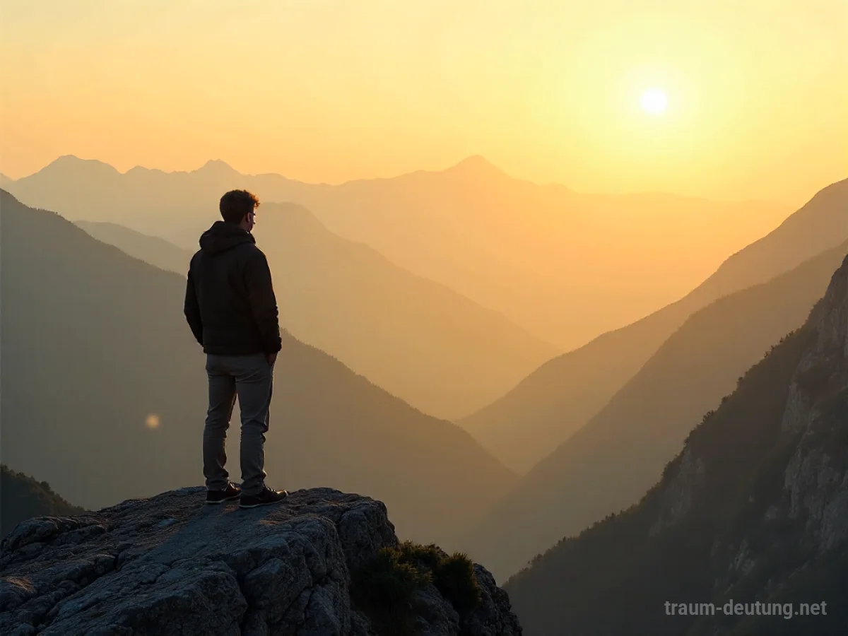 Silhouetten einer Person, die auf einem Berggipfel steht und in die Ferne blickt.
