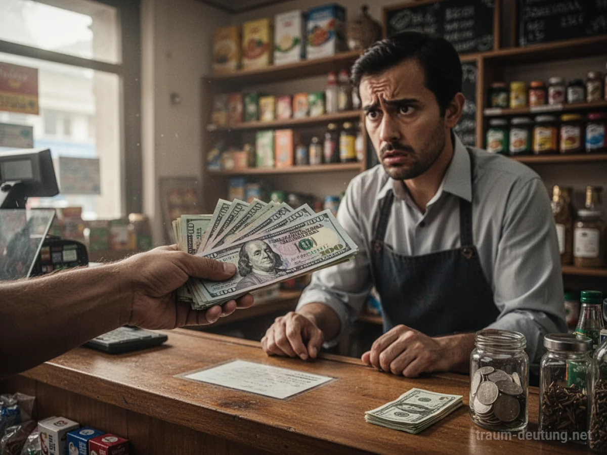Hand reicht Falschgeld über eine Ladentheke.