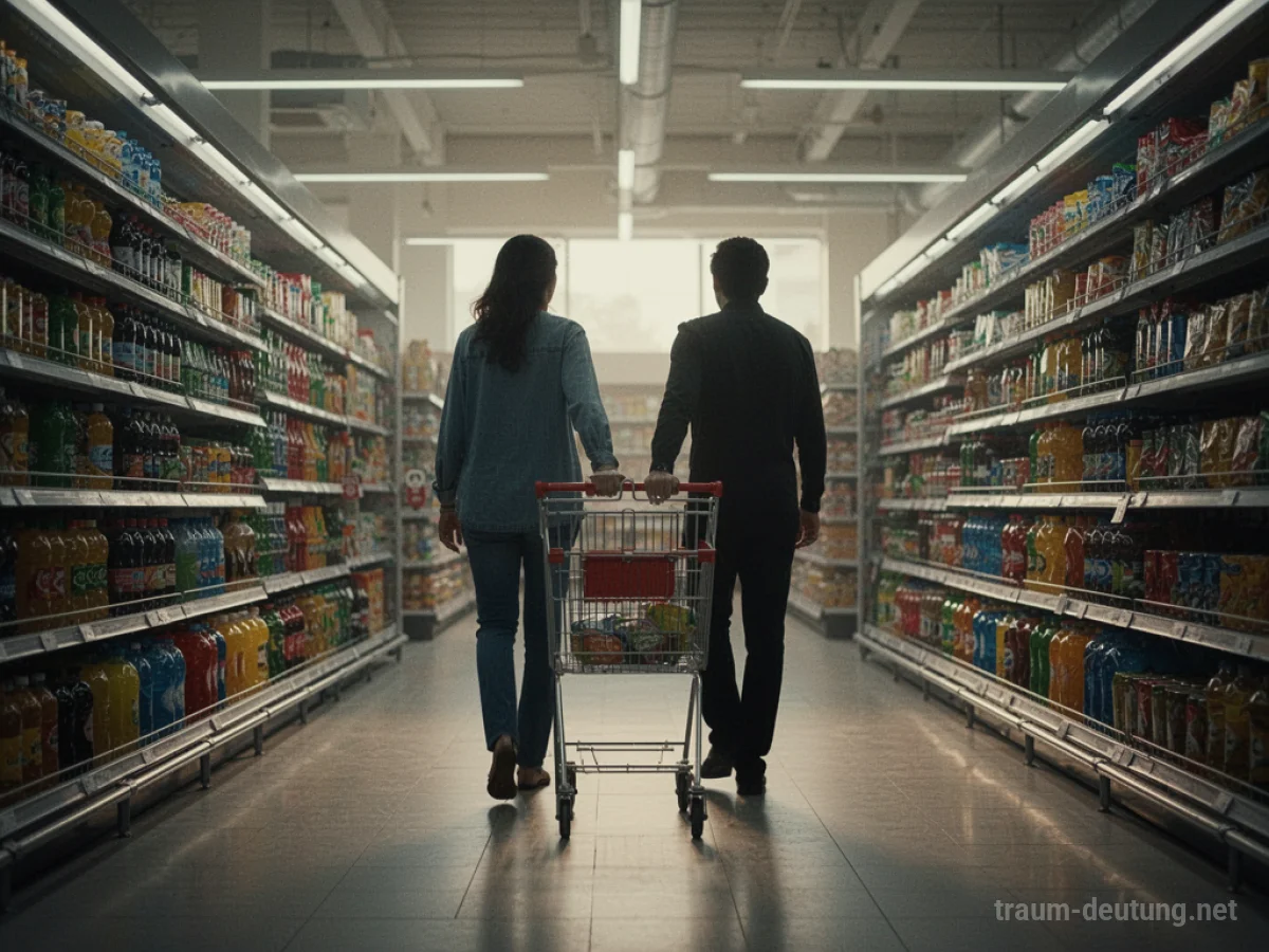 Zwei Personen gehen Seite an Seite durch einen Supermarktgang.
