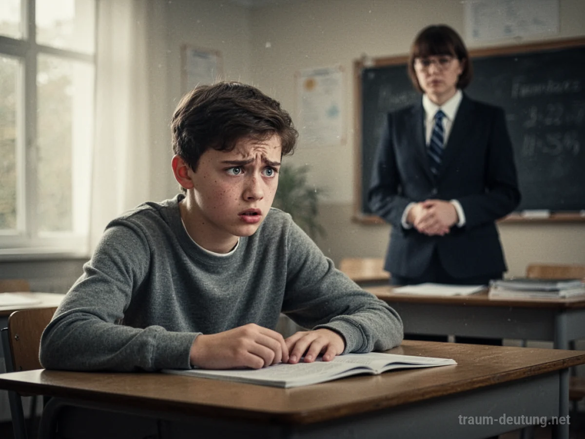 Schüler sitzt nervös am Schreibtisch während einer mündlichen Prüfung