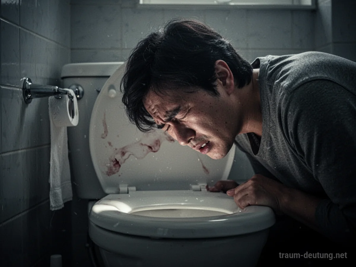 Person mit geschlossenen Augen und angespannter Miene über einer Toilette gebeugt.