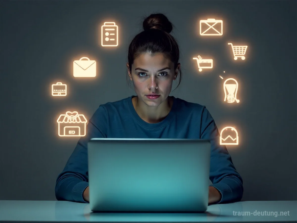 Person kauft online am Laptop mit schwebenden Einkaufstüten.