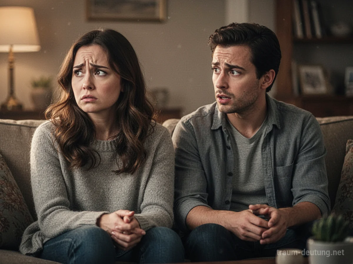 Ein Paar sitzt auf einer Couch, ein Partner wirkt besorgt, der andere fragend.