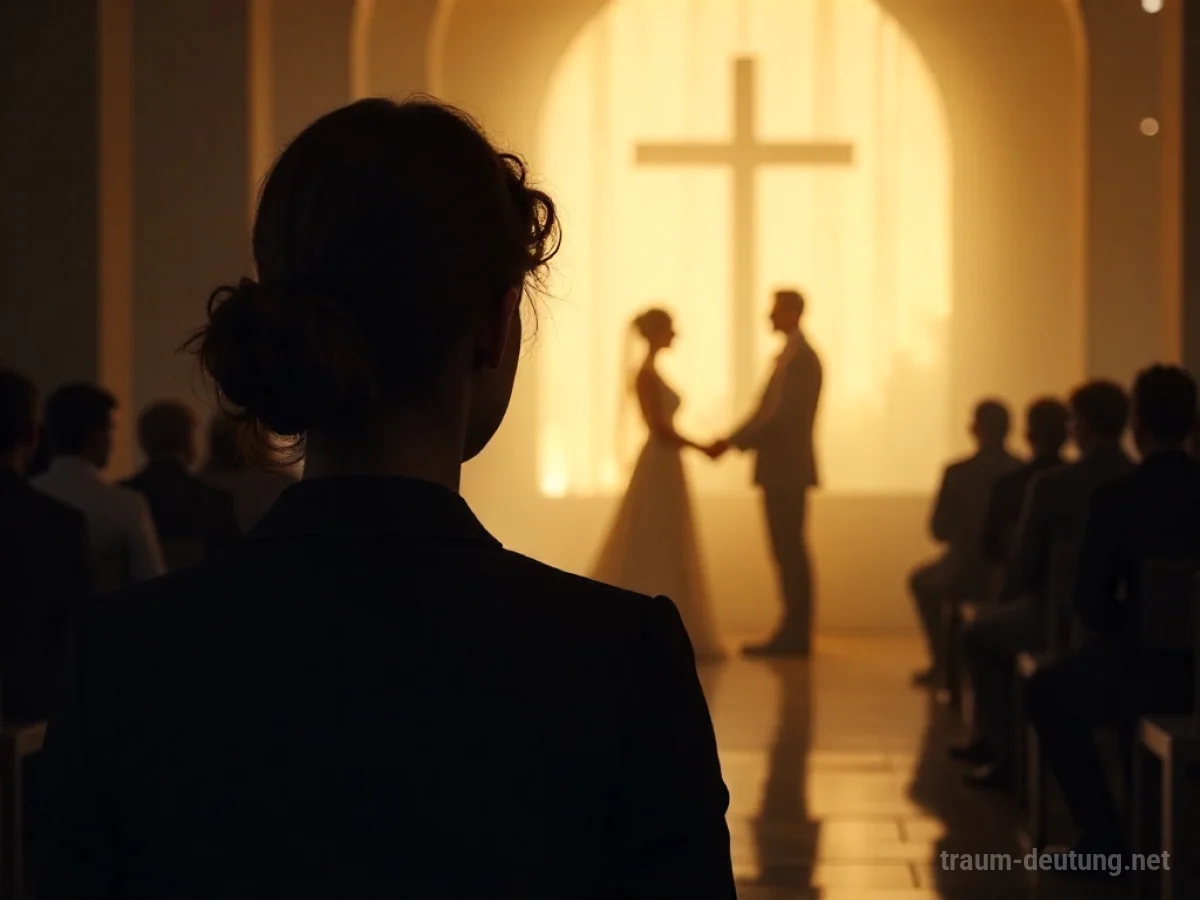Silhouetten einer Person, die eine Hochzeit in der Ferne beobachtet, bei der der Partner eine andere Person heiratet.
