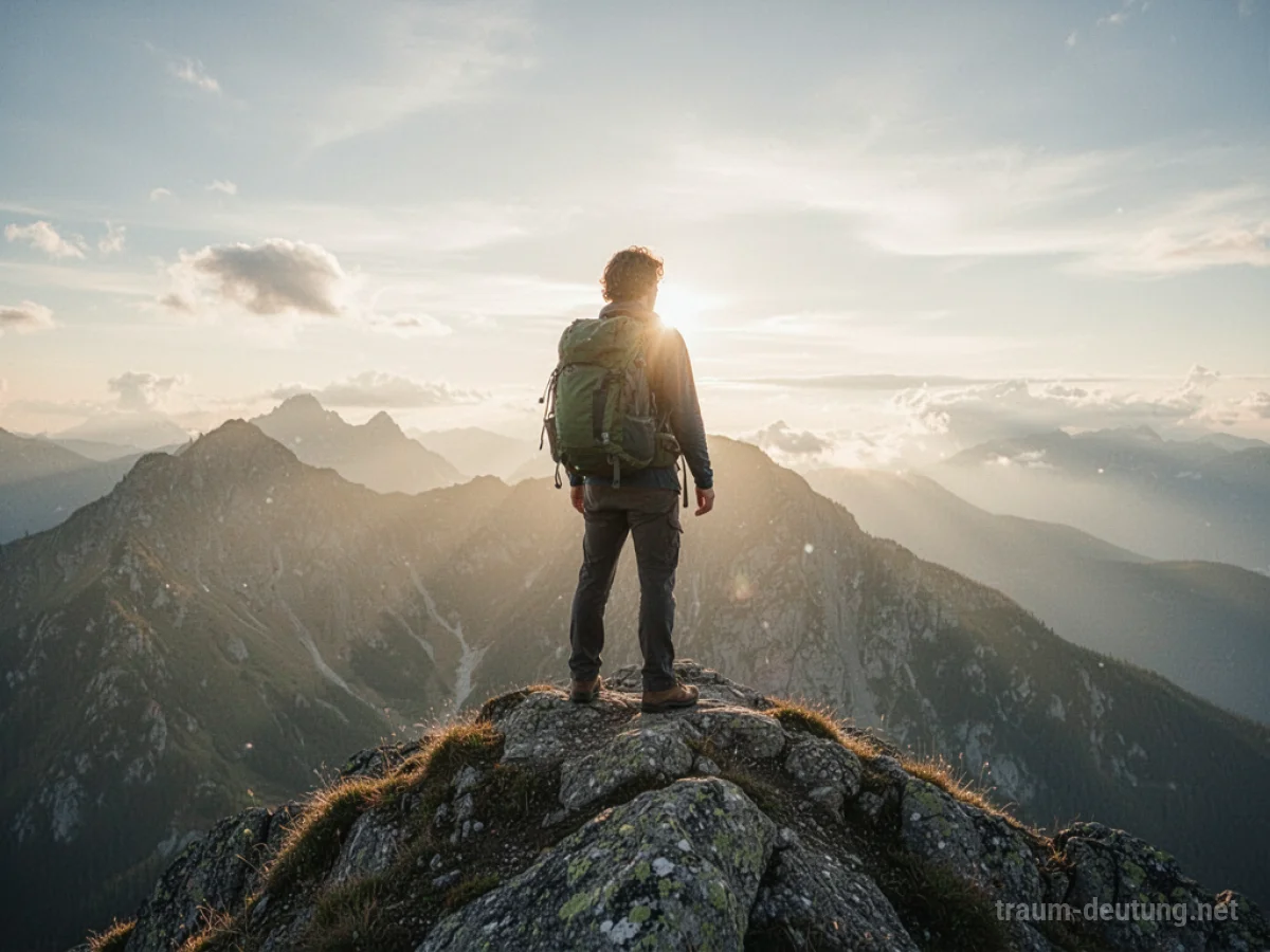 Eine Person steht plötzlich auf einem sonnenbeschienenen Berggipfel, was Erfolg symbolisiert.