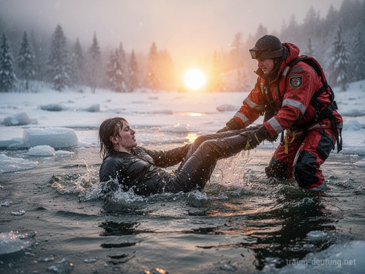 Person wird aus eisigem Wasser gerettet, warme Lichter im Hintergrund
