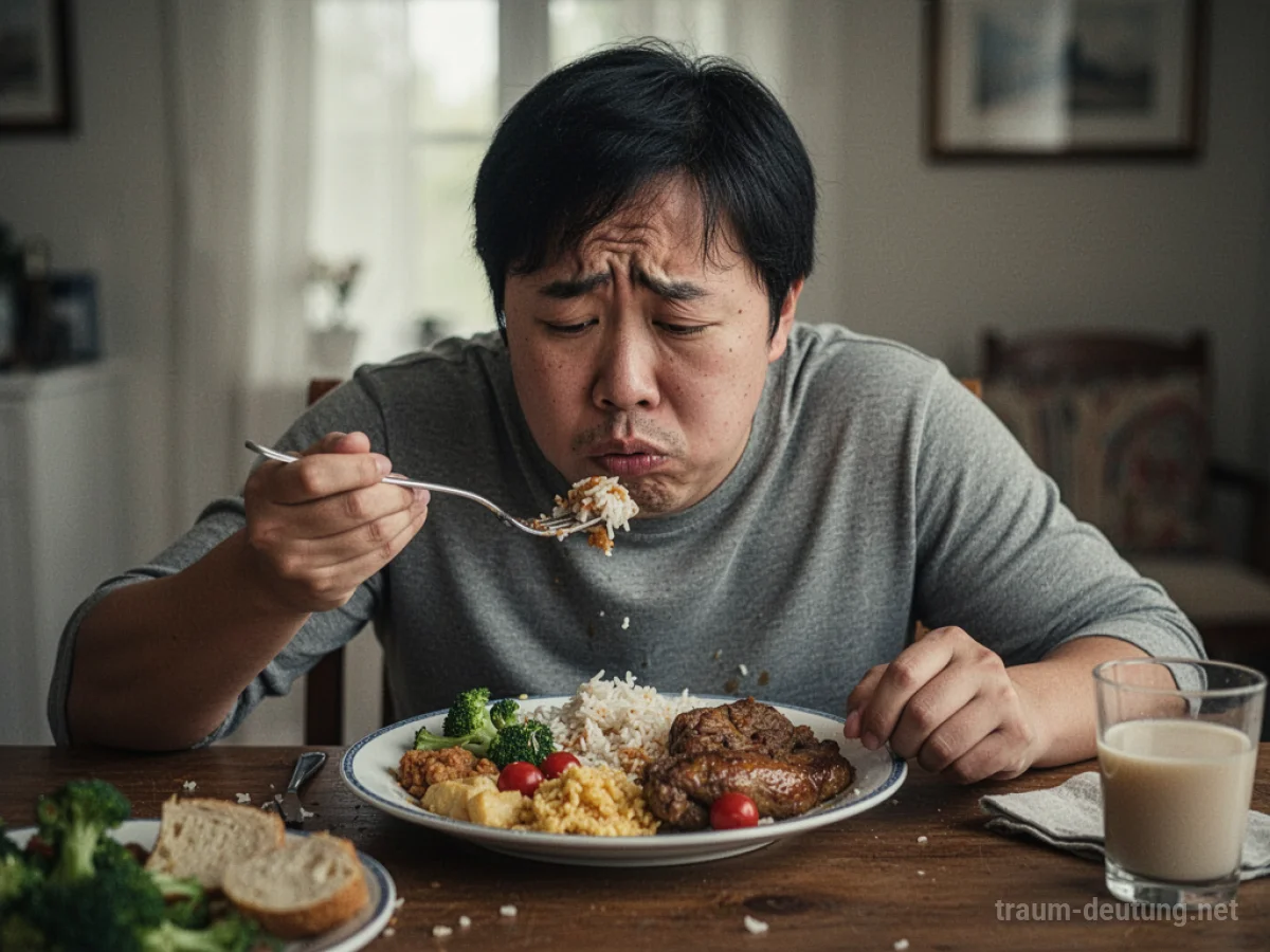 Person is visibly full but continues to eat at a table laden with food.