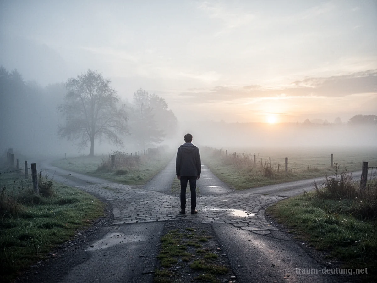 Eine Person steht an einer Weggabelung, blickt in eine neblige Zukunft und einen hellen Horizont.