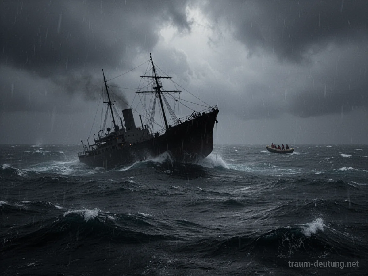 Ein sinkendes Schiff im stürmischen Meer, eine Rettungsboot in der Ferne.