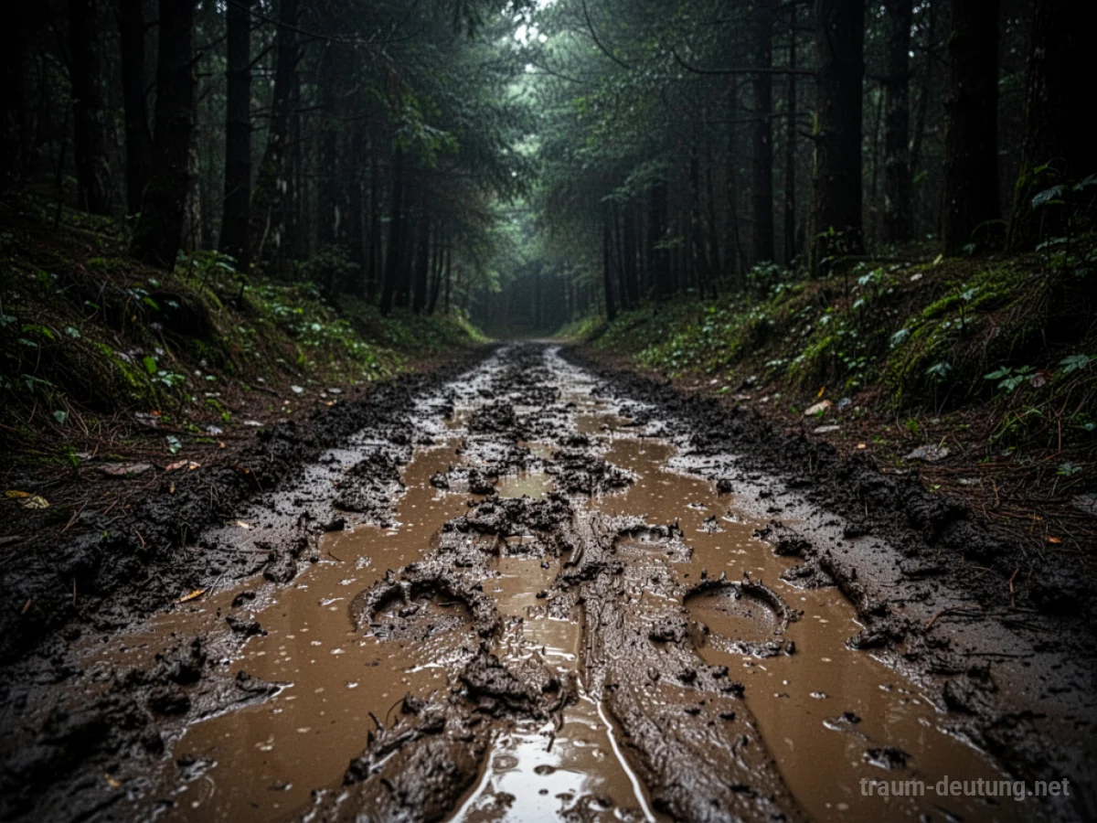 Ein schlammiger Pfad führt in einen dunklen Wald. Die Erde ist aufgeweicht.