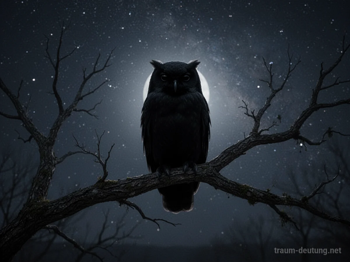 Schwarze Eule auf einem Ast im Mondlicht
