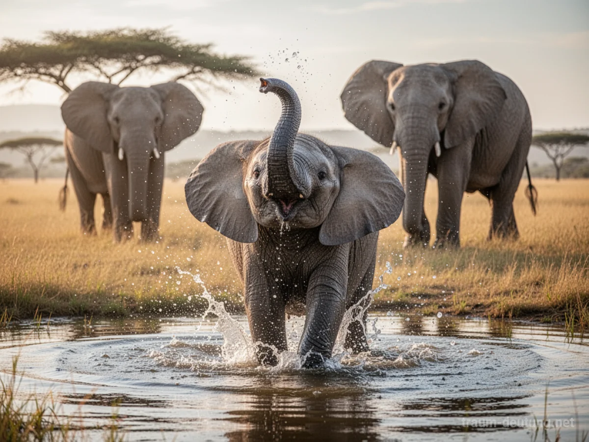 Ein junger Elefant spielt fröhlich mit Wasser in der afrikanischen Savanne.