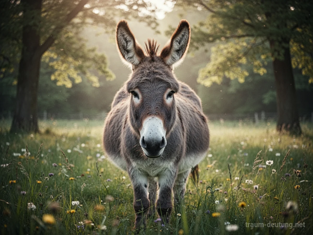 Ein Esel steht auf einer Wiese und blickt den Betrachter an.