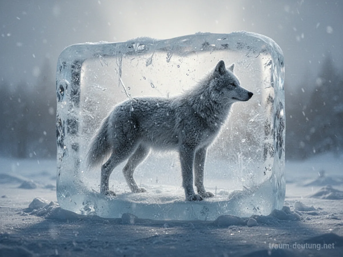 Ein Tier gefangen in einem Eisblock, das Licht scheint von hinten durch das Eis.