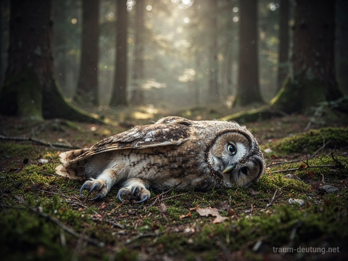Eine tote Eule liegt auf dem Waldboden.