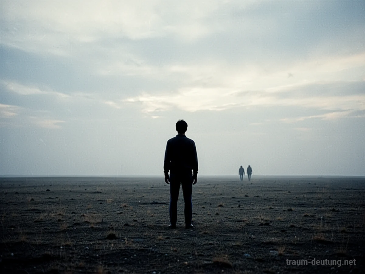 Silhouetten von zwei Personen, die sich von einer einsamen Figur entfernen, unter einem grauen Himmel.
