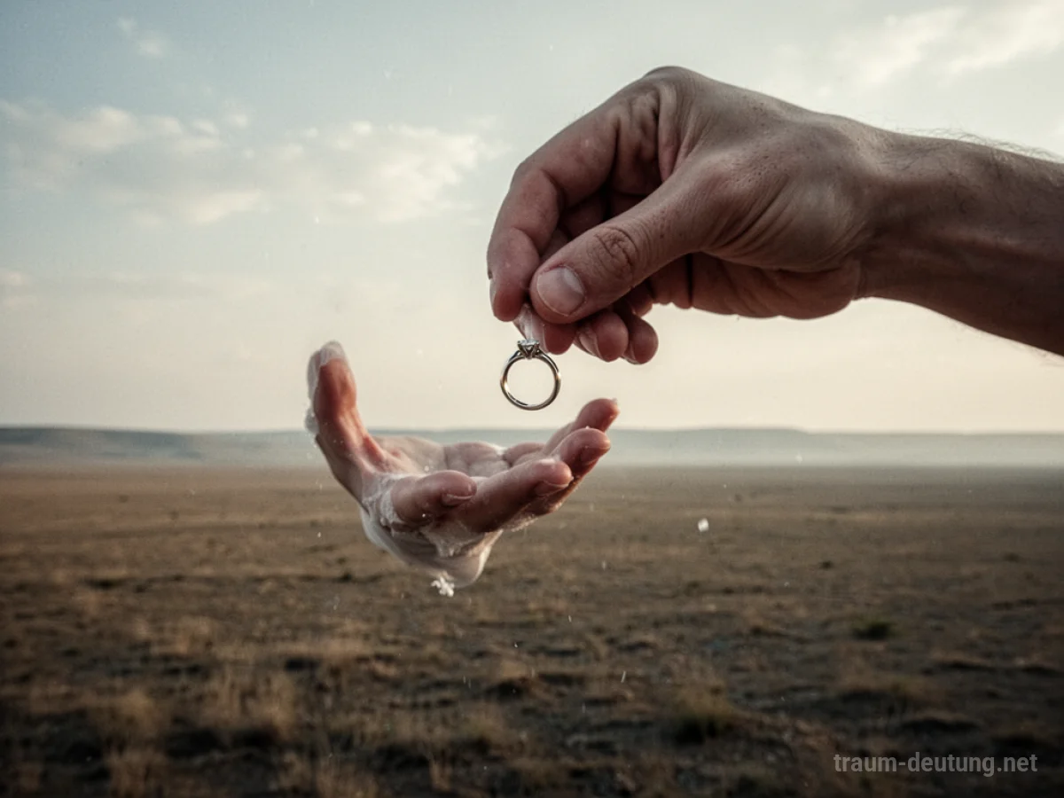 Hand wirft Ehering in weite Landschaft