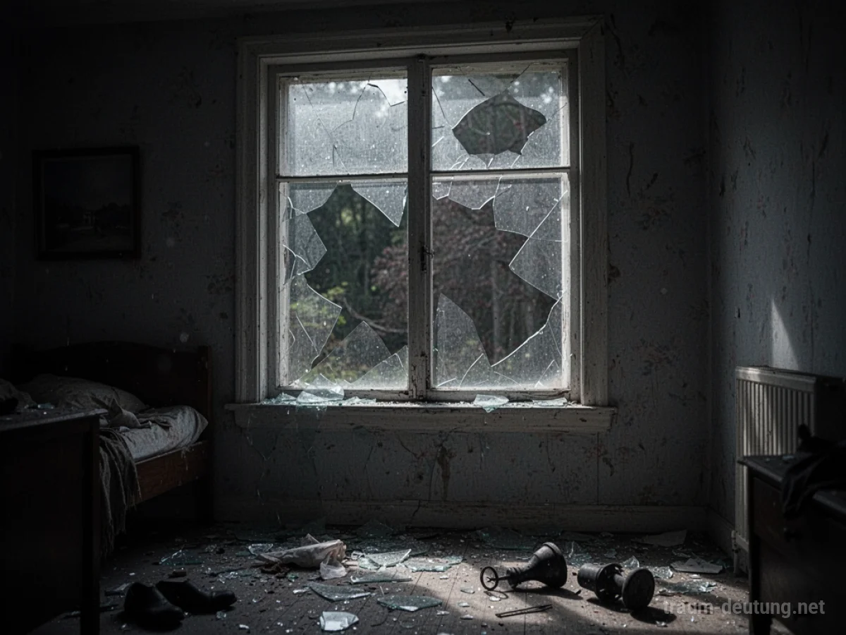 Einbruchsszene im Traum mit zerbrochenem Fenster und Schatten