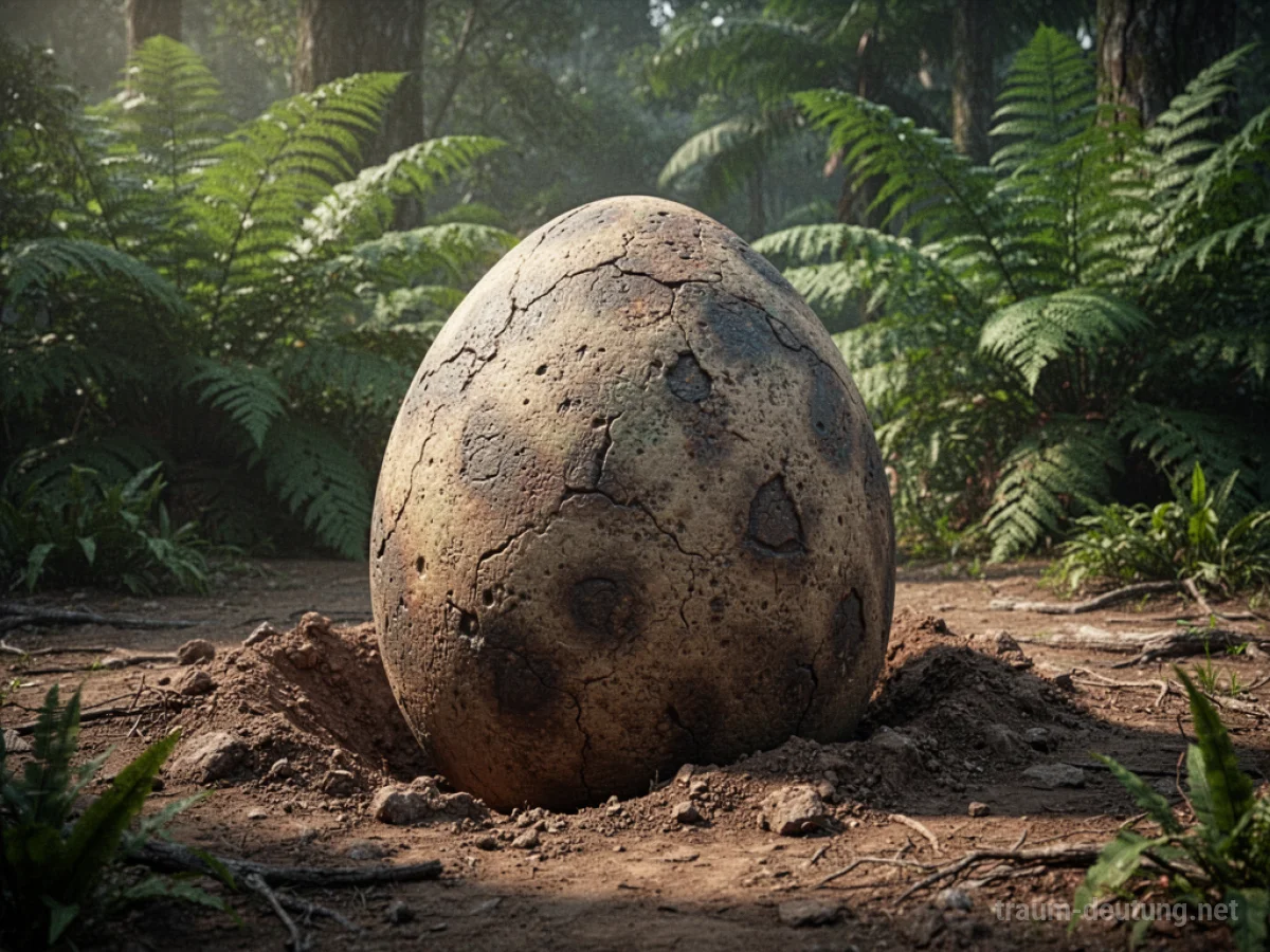 Ein großes, urzeitliches Dinosaurier-Ei liegt im Erdreich, umgeben von prähistorischer Vegetation.