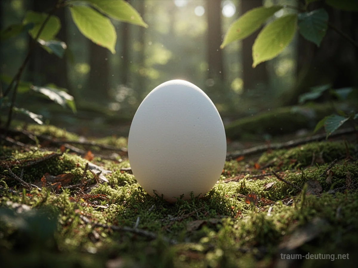 Ein weißes Ei liegt auf Moos im Wald.
