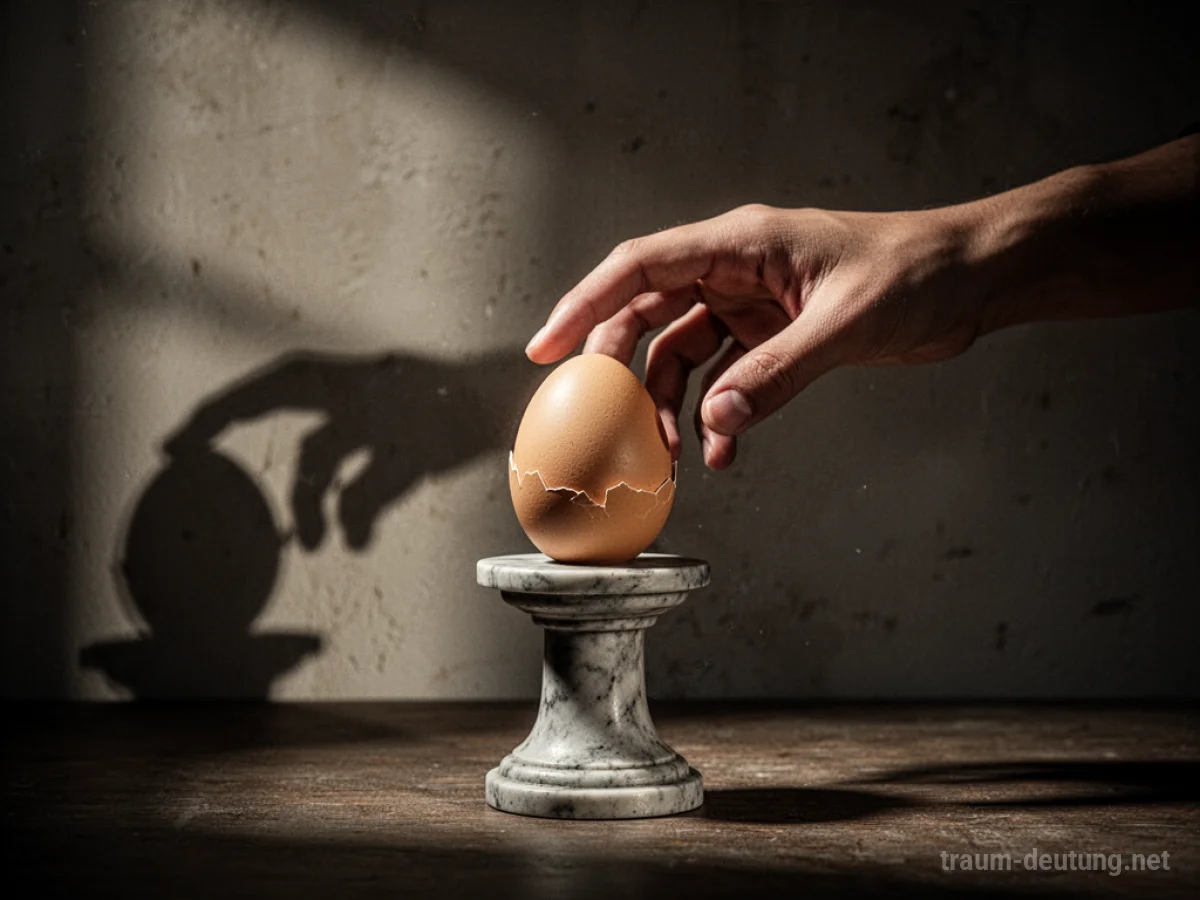 Eine Hand greift heimlich nach einem Ei auf einem Podest im Schatten.