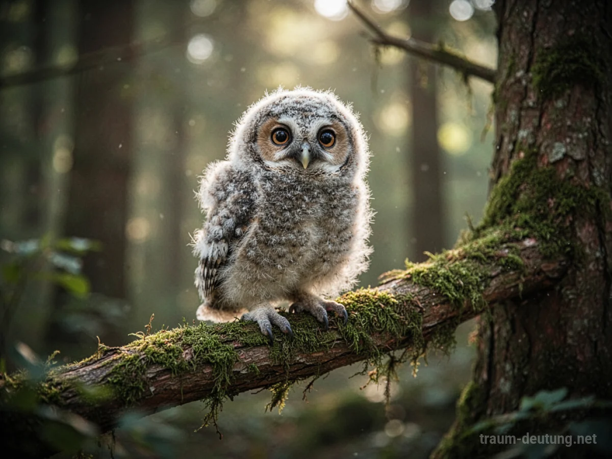 Ein neugieriges Eulenbaby sitzt auf einem Ast im Wald.