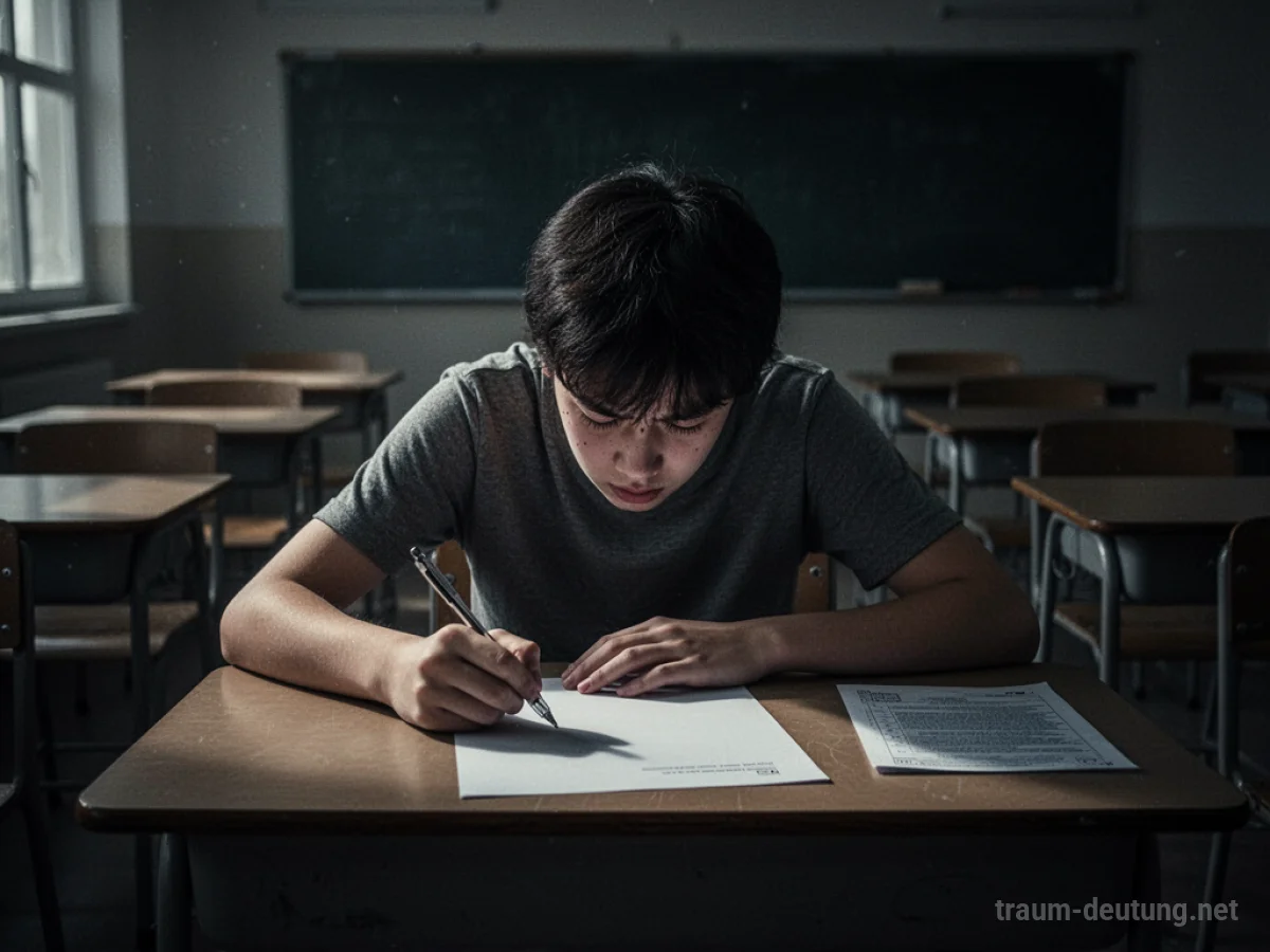 Ein Schüler sitzt verzweifelt vor einem leeren Examen.