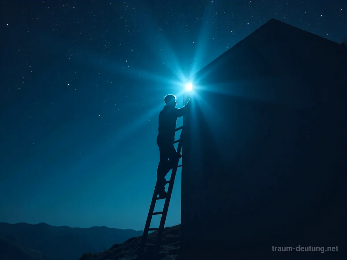 Menschliche Silhouette erklimmt eine Leiter in Richtung eines hellen Lichts.