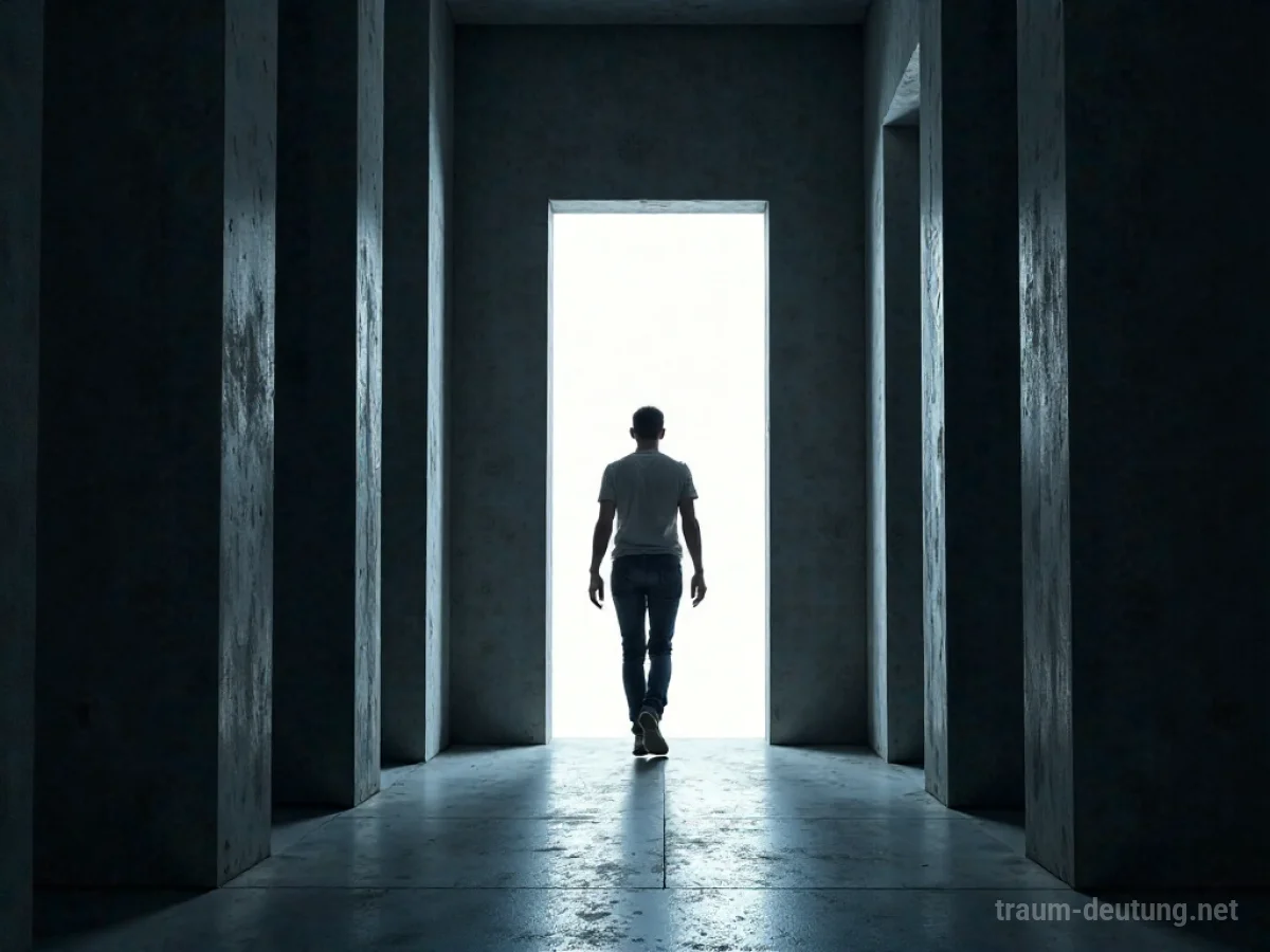 Eine Person schreitet durch ein helles Portal nach einem Labyrinth.