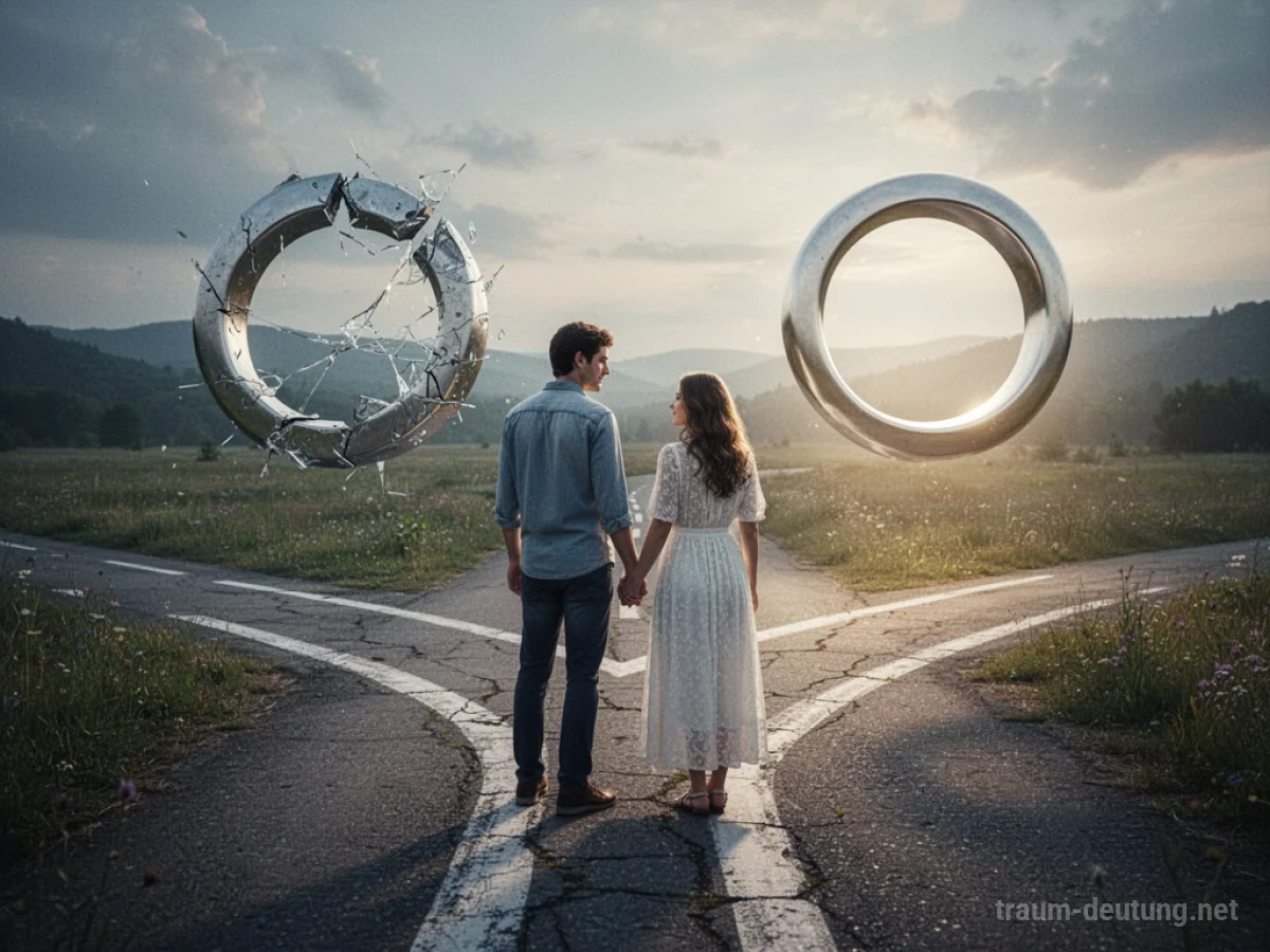 Ein Paar steht an einer Weggabelung, ein Weg zeigt einen zerbrochenen Ring, der andere einen ganzen.