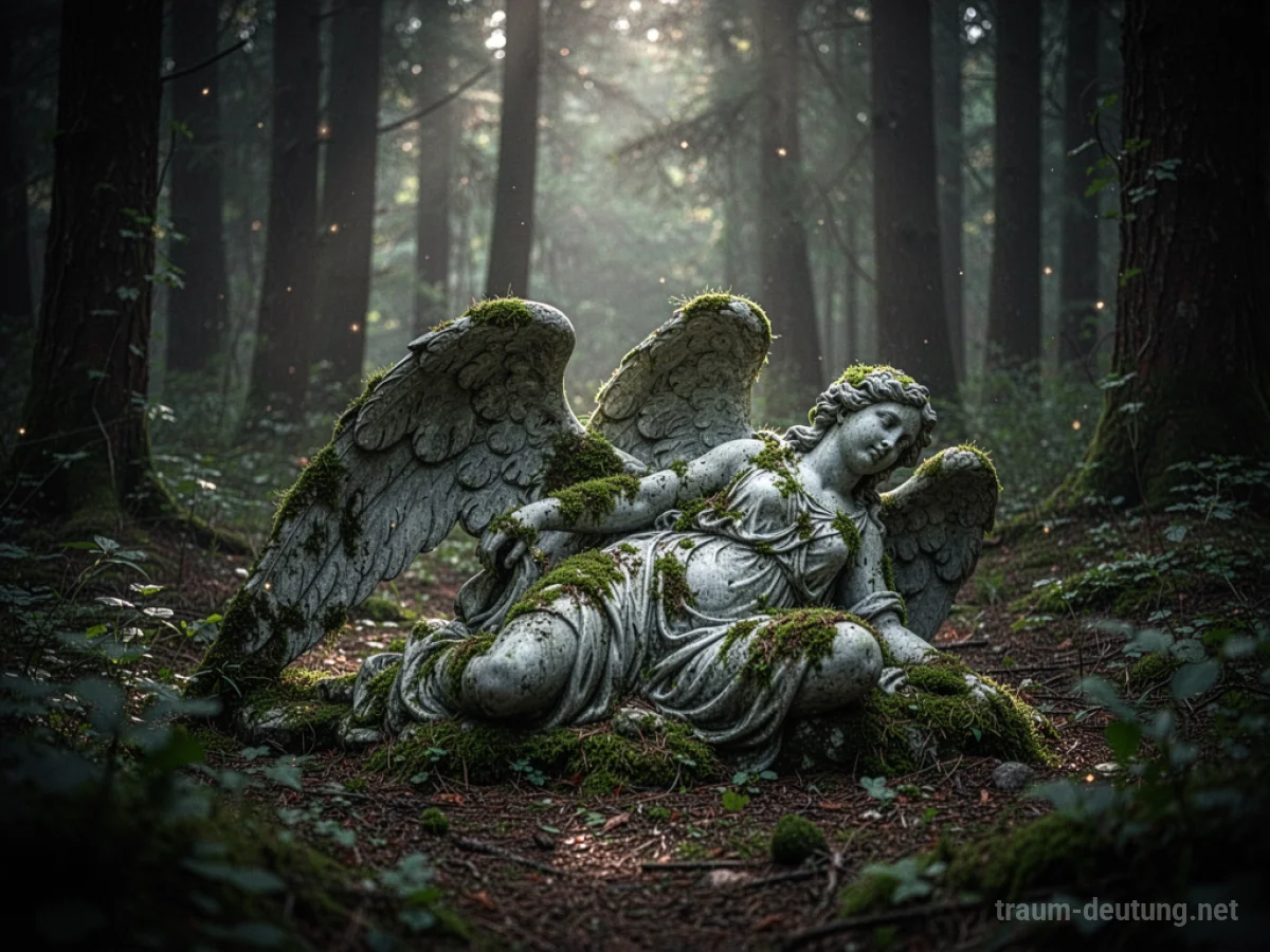 Eine bemooste Engelsstatue liegt in einem dunklen Waldlichtung.