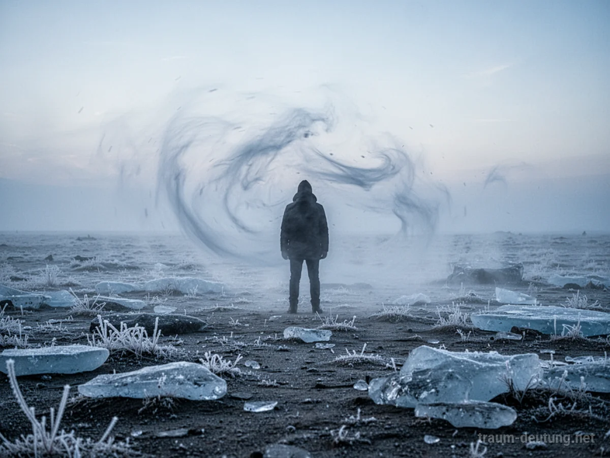 Eine einsame Silhouette in einer eisigen, frostbedeckten Landschaft unter einem kalten Himmel.