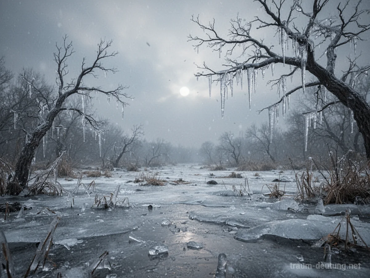 Eisregen über gefrorenen Bäumen und Landschaft bei grauem Himmel