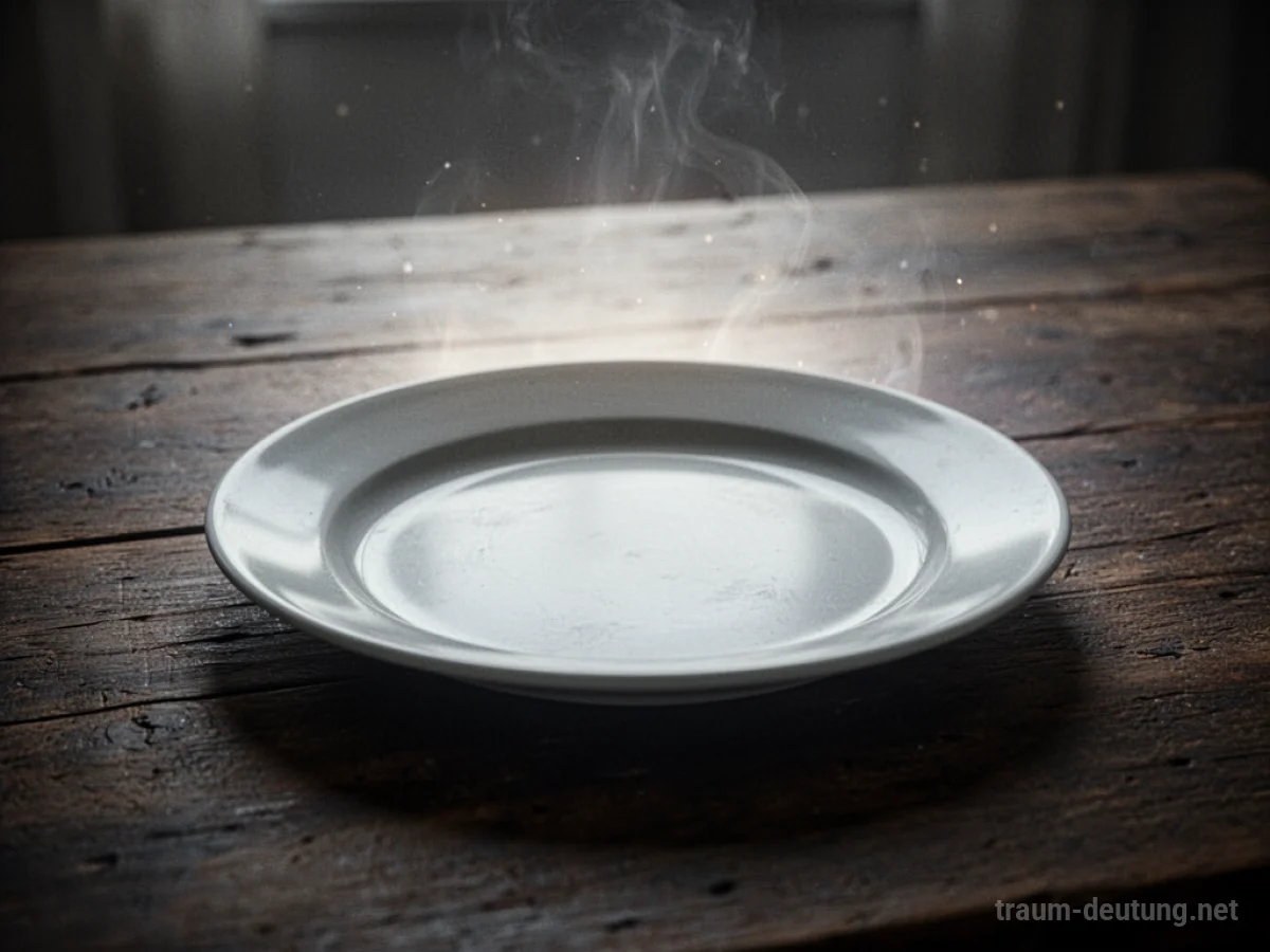 Leerer Teller auf einem dunklen Tisch, symbolisiert Verlust von Essen im Traum.