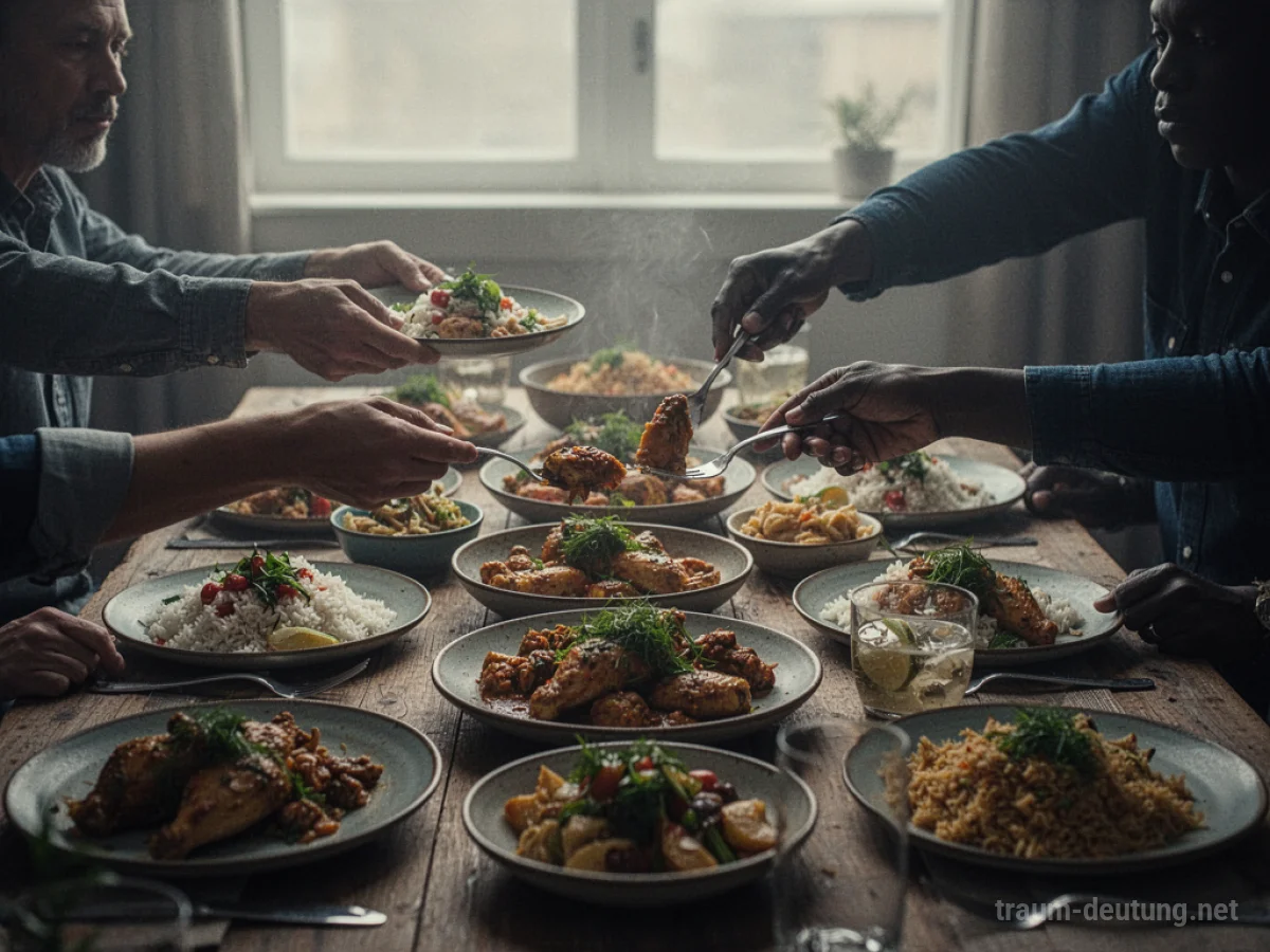 Hände reichen Essen über einen Tisch zu einer anderen Hand.