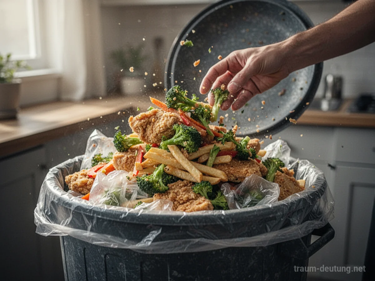 Verschwendetes Essen wird in einen Mülleimer geworfen