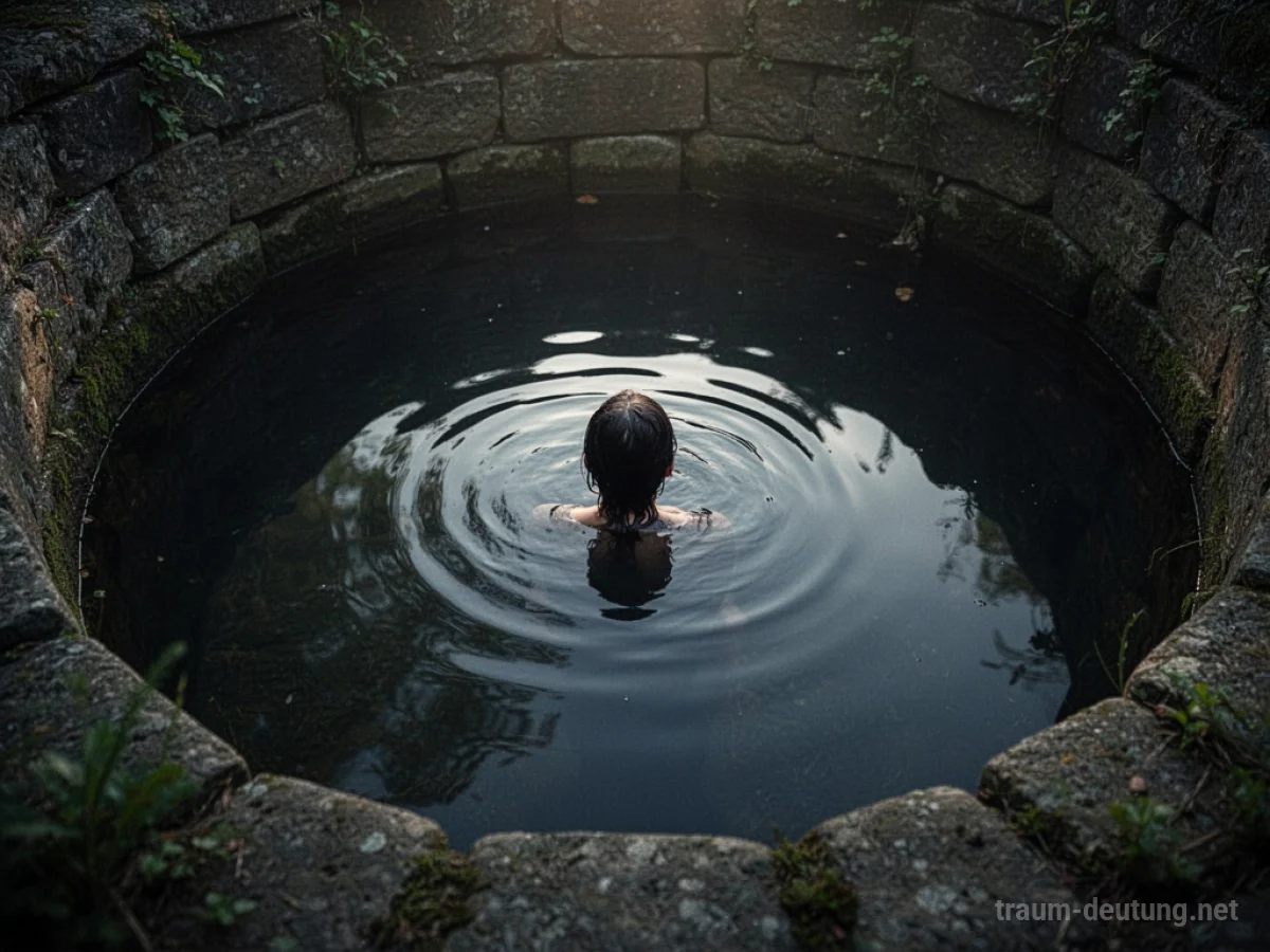 Silhouette einer Person, die im Wasser eines Brunnens versinkt