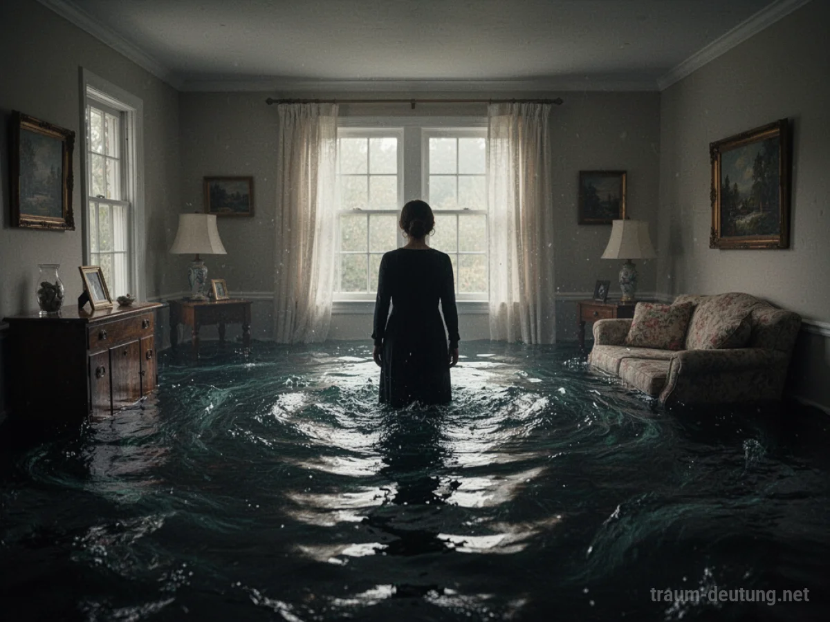 Ein Hauszimmer füllt sich mit dunklem Wasser, eine Person steht darin.