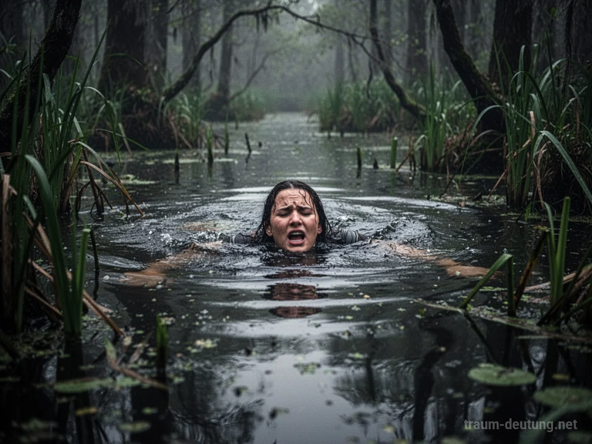 Person kämpft im Sumpf um Atem, von dunklem Wasser und Schilf umgeben.