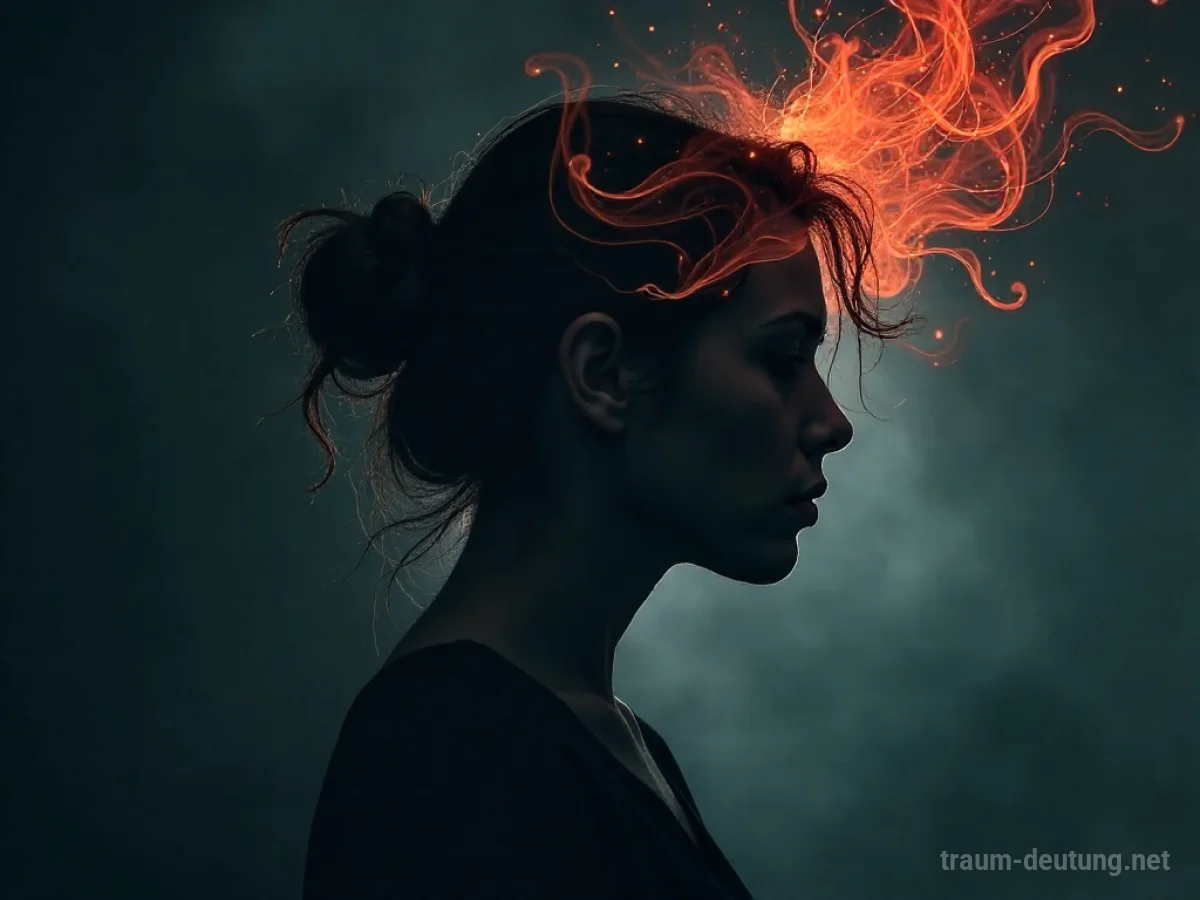 Eine Frau in dunkler Silhouette mit wirbelnden Farben um den Kopf, die inneren Aufruhr symbolisieren.