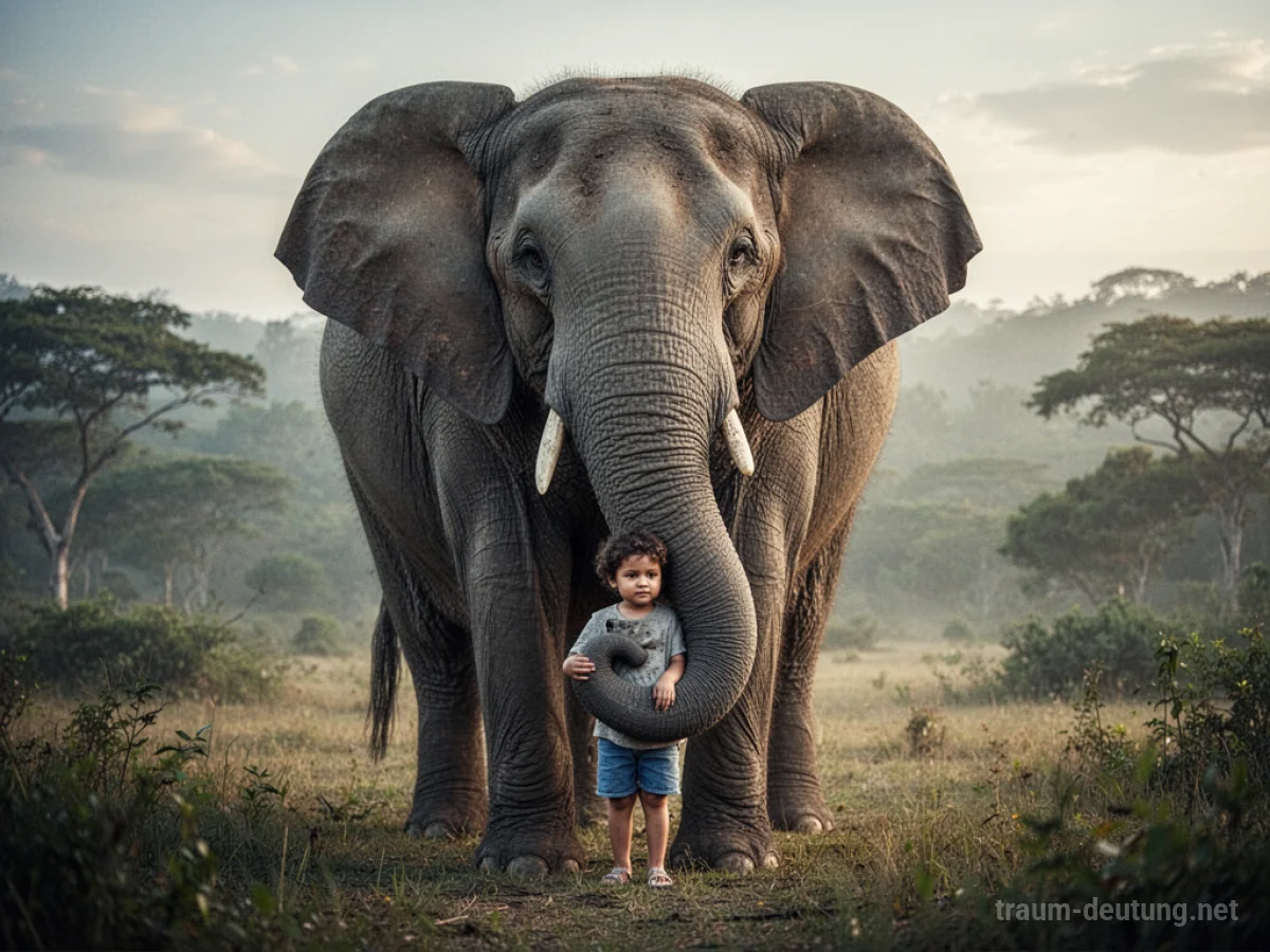 Ein großer, sanfter Elefant schützt ein kleines Kind mit seinem Rüssel in einer ruhigen Landschaft.