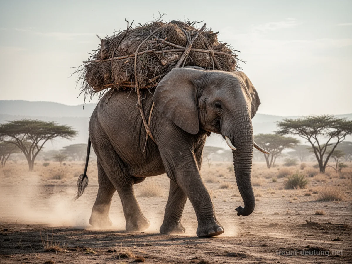 Elefant mit schwerer Last auf dem Rücken in trockener Landschaft